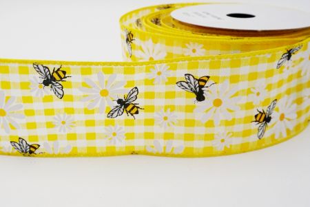 Κορδέλα με καρό ύφανση_κίτρινη άνοιξη και καλοκαίρι με μέλισσες
